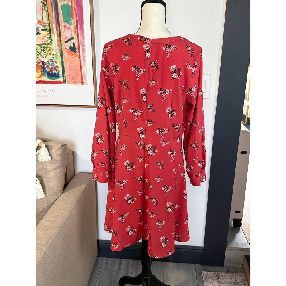 LOFT Womens 10P Petite Red Floral Fit Flare Dress Long Sleeve Career Casual - Picture 3 of 9